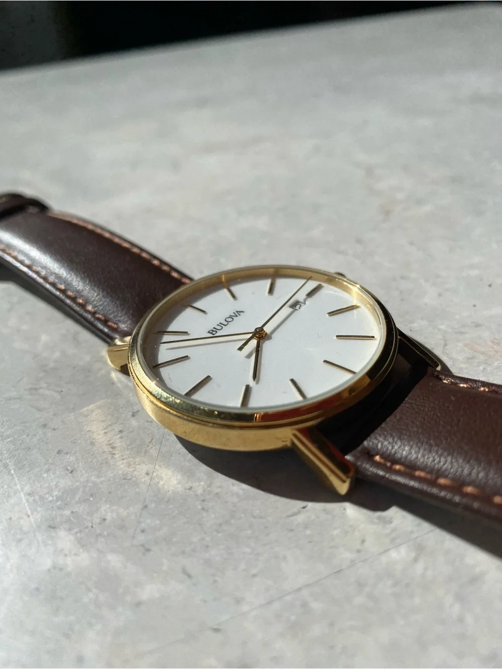 Bulova Gold-Tone Case White Dial Watch with Brown Leather Strap